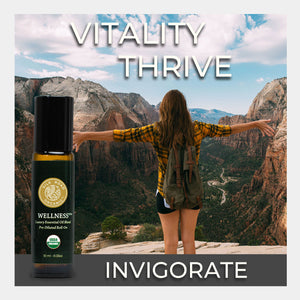 Wellness product with person overlooking a scenic mountain landscape, featuring the words 'Vitality, Thrive, and Invigorate'. use reduce stress inflammation practice healthy habits daily goal keep illness at bay