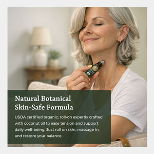 natural botanical skin safe formula USDA certified organic roll on expertly crafted with coconut oil to ease tension and support daily well being. just roll on skin massage in and restore your balance.